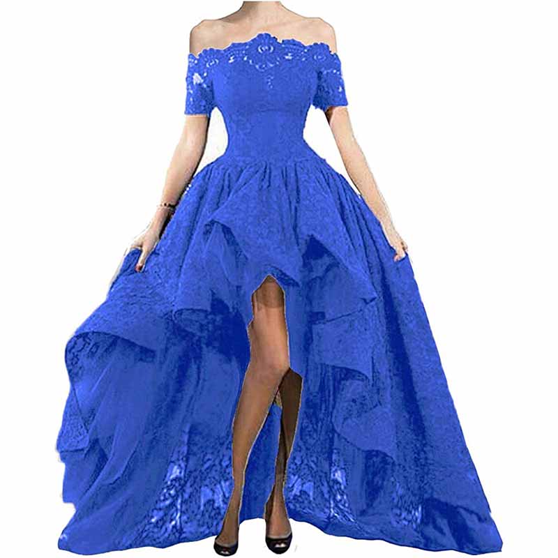 Women's Off Shoulder Prom Dresses High Low Puffy Formal Lace Evening Ball Gowns