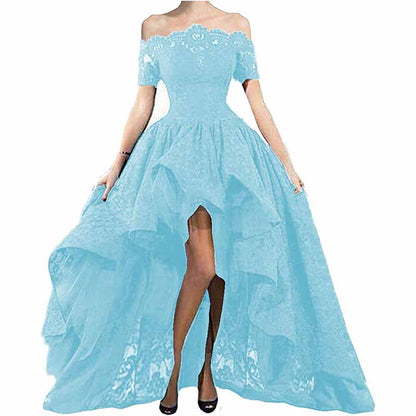 Women's Off Shoulder Prom Dresses High Low Puffy Formal Lace Evening Ball Gowns