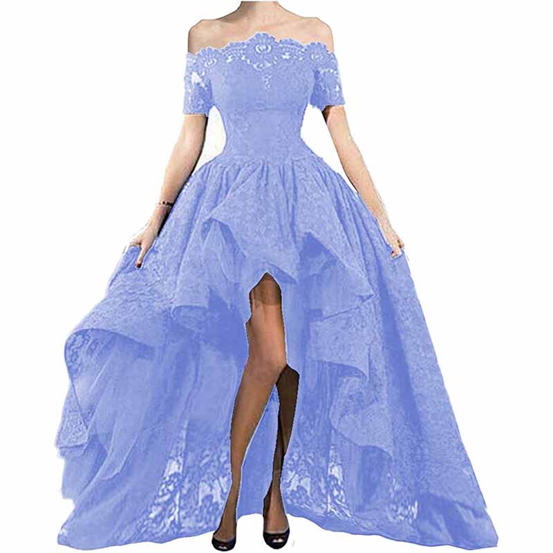 Women's Off Shoulder Prom Dresses High Low Puffy Formal Lace Evening Ball Gowns