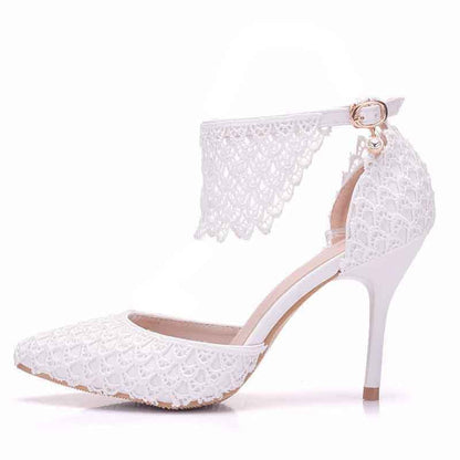 Women High Heels White Lace Wedding Shoes Pointed Toe Bridal Shoes