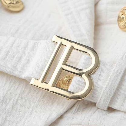 Women's Golden Lion Buttons Fitted Belted Jacket White Color Coat