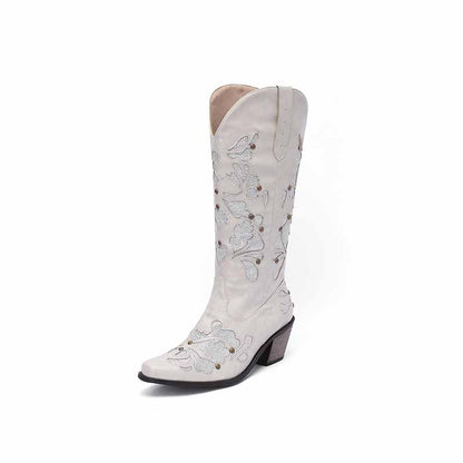 Women Embroidered Cowgirl Fashion Boots Chunky Boots