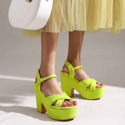 Women's Suede Platform Heels Sandals Wedge Chunky Heels Shoes