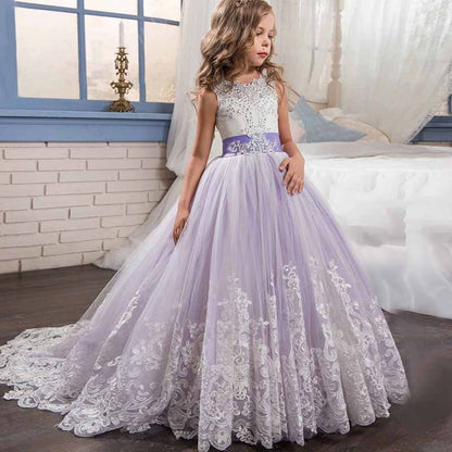 Princess Lace Flower Wedding Dress Kids Prom Puffy Tulle Ball Gown