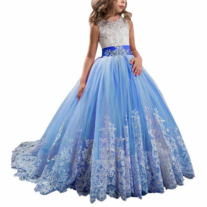 Princess Lace Flower Wedding Dress Kids Prom Puffy Tulle Ball Gown