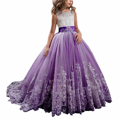 Princess Lace Flower Wedding Dress Kids Prom Puffy Tulle Ball Gown