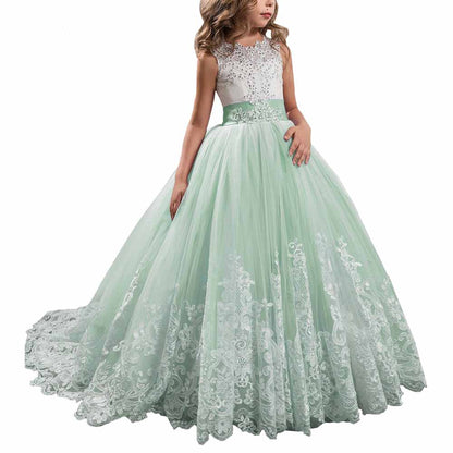 Princess Lace Flower Wedding Dress Kids Prom Puffy Tulle Ball Gown