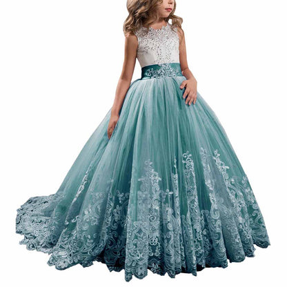 Princess Lace Flower Wedding Dress Kids Prom Puffy Tulle Ball Gown