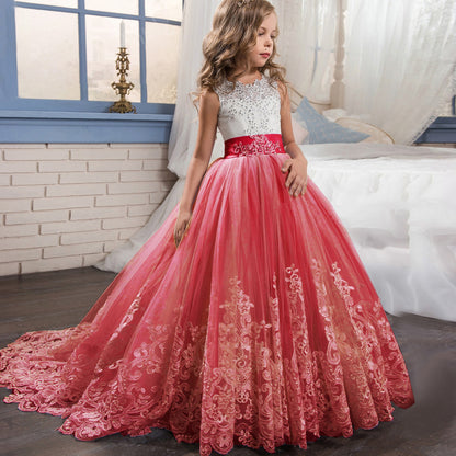 Princess Lace Flower Wedding Dress Kids Prom Puffy Tulle Ball Gown