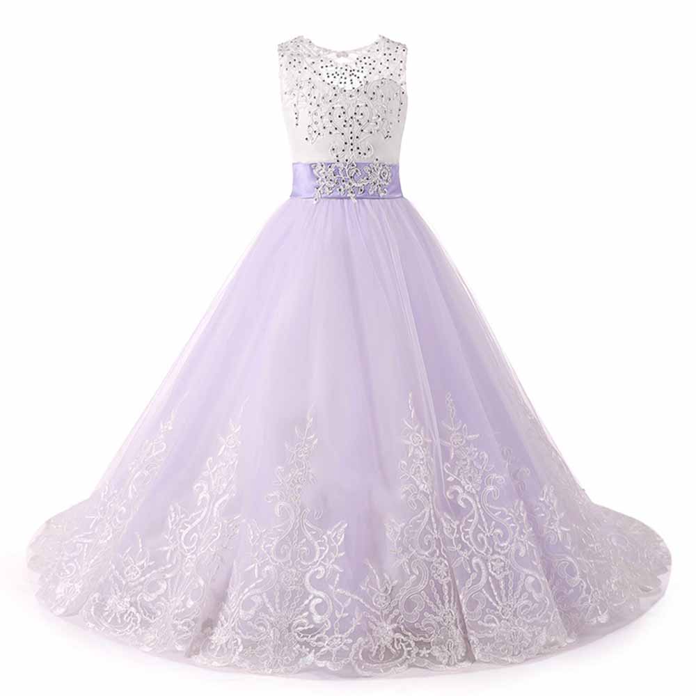 Princess Lace Flower Wedding Dress Kids Prom Puffy Tulle Ball Gown