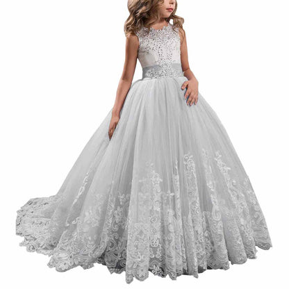 Princess Lace Flower Wedding Dress Kids Prom Puffy Tulle Ball Gown