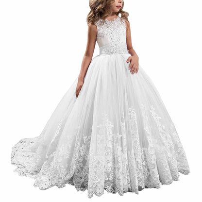 Princess Lace Flower Wedding Dress Kids Prom Puffy Tulle Ball Gown