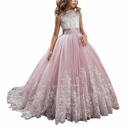 Princess Lace Flower Wedding Dress Kids Prom Puffy Tulle Ball Gown