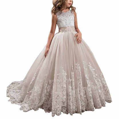 Princess Lace Flower Wedding Dress Kids Prom Puffy Tulle Ball Gown