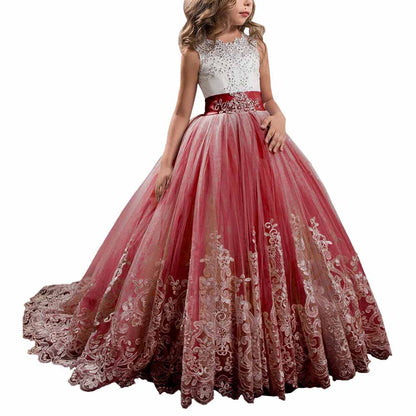 Princess Lace Flower Wedding Dress Kids Prom Puffy Tulle Ball Gown