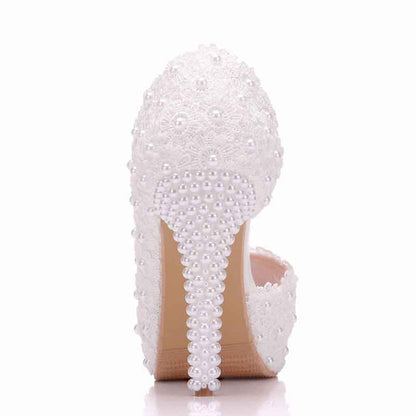 Women's Lace Stiletto High Heels Platform Wedding Pumps Peep Toe Bride Shoes