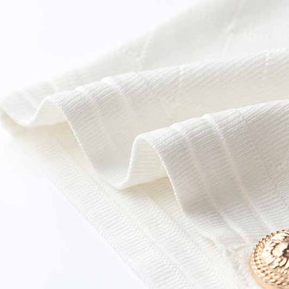 Women White Button-up Knitted Minidress V Neck Long Sleeves ribbed-knit Dress