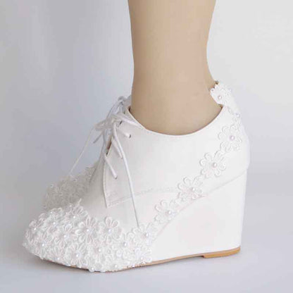 Wedding Platform Wedges Shoes Round Toe Lace Up Pumps Bridal Shoes