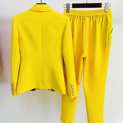 Womens Yellow Pantsuits Blazer + High Waist Nine-Point Suit Pants