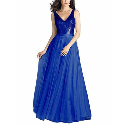 Sequin Evening Gowns V Neck Sleeveless Ball Prom Party Dress