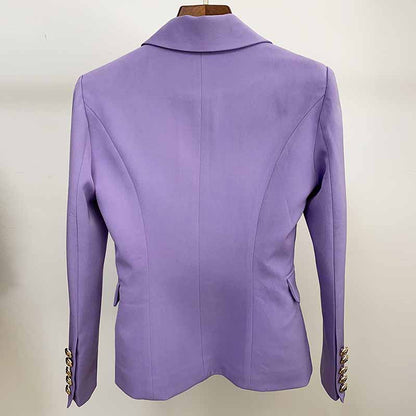 Women's Purple Textured Luxury Fitted Double Breasted Blazer with Lion Buttons
