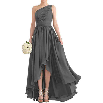 Women's One Shoulder Bridesmaid Dresses High Low Chiffon Evening Formal Gown with Pockets