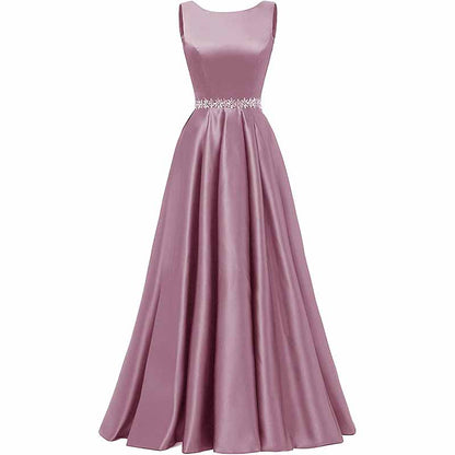 Women Long Prom Dress Satin A-Line with Beaded Belt Formal Evening Gown