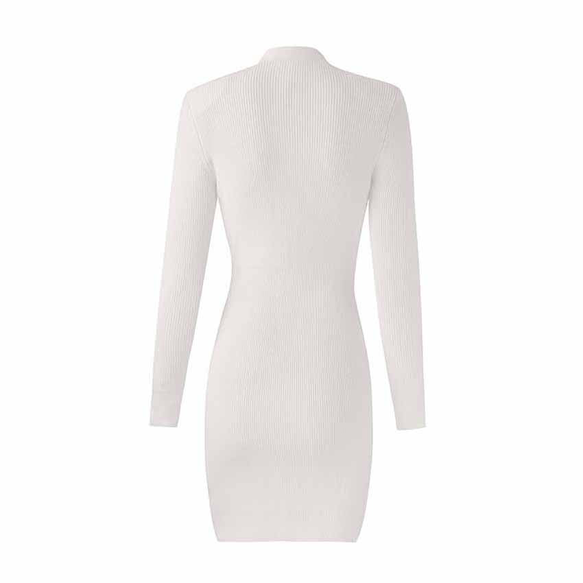 Women White Button-up Knitted Dress V Neck Long Sleeves ribbed-knit Dress