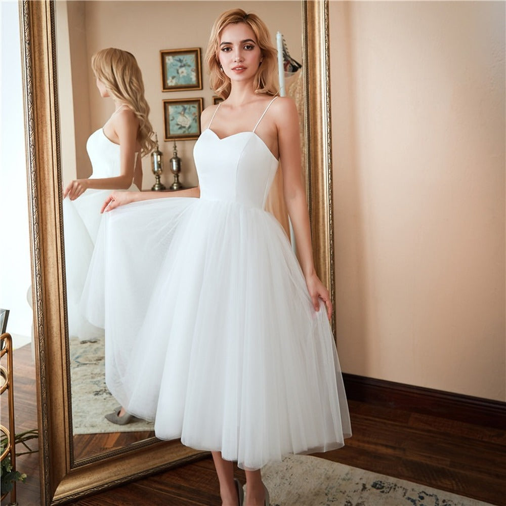 sd-hk White Wedding Dress Lace Slip Midi Dress
