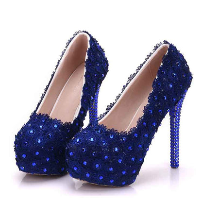 Women Navy Blue Platform Pumps Wedding Heels Bridal Shoes