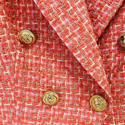 Womens Coral Jacket Gold Double Breasted Blazer Slim Fitting Tweed Coat
