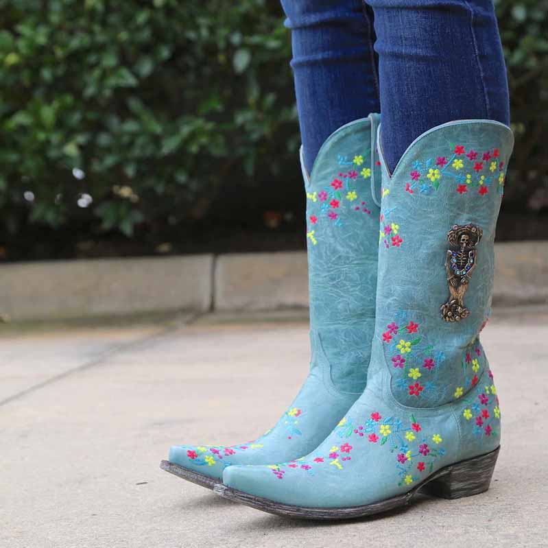 Women Country Cowboy Embroidery Boots Casual Mid-calf Dress Boots
