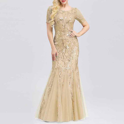 Women Maxi Sequin Bridesmaid Prom Dresses O Neck Half sleeve Party Dress