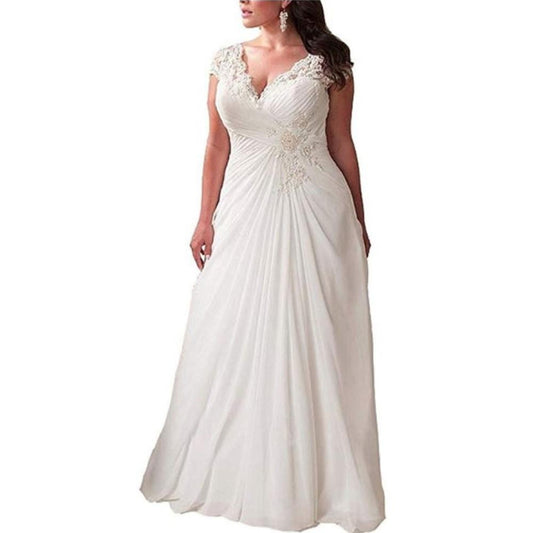 sd-hk Women Elegant Applique Lace Wedding Dress V Neck Plus Size Beach Bridal Gowns