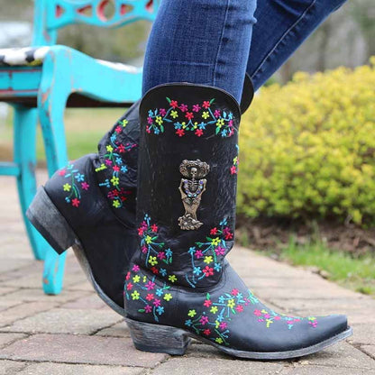 Women Country Cowboy Embroidery Boots Casual Mid-calf Dress Boots