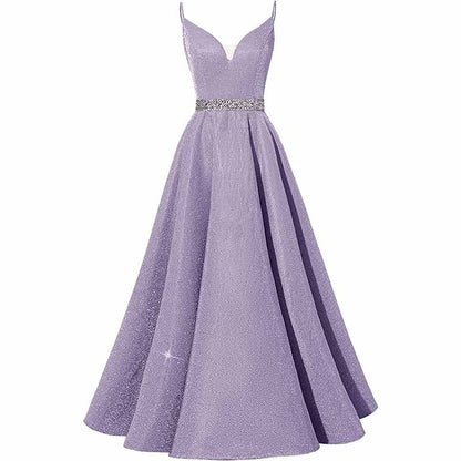 Women Prom Dress Long V-Neck Spaghetti Beaded Belt Formal Evening Ball Gowns