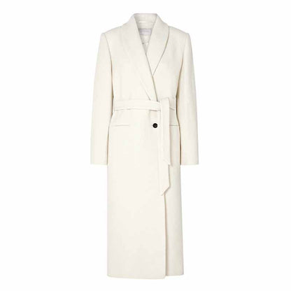 Women Long White Woolen Coat with A Belt and A Button Outwear