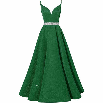 Women Prom Dress Long V-Neck Spaghetti Beaded Belt Formal Evening Ball Gowns