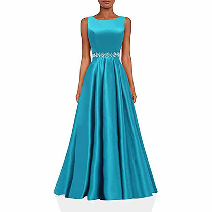 Women Long Prom Dress Satin A-Line with Beaded Belt Formal Evening Gown
