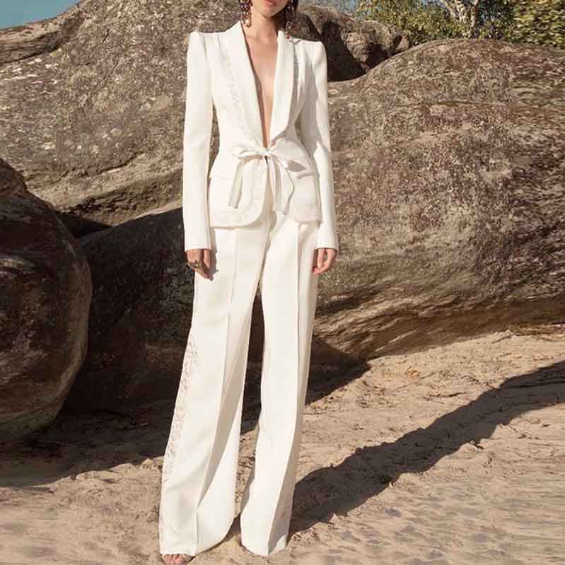 Women's White Pantsuit +High Waisted Flare Pants Suit Wedding Lace Up Suits