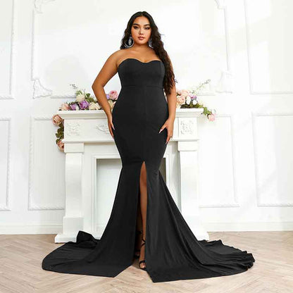 Women Prom Gown Plus Size Strapless Slit Front Wedding Evening Party Maxi Dress