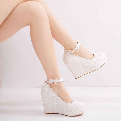 White Lace Wedding Shoes Wedges Heels Platform Wedges Pumps For Bridal