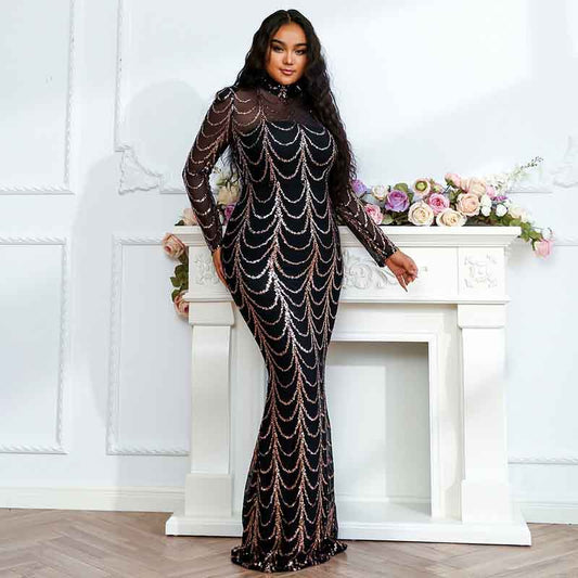 Women Plus Size Black Sequin Evening Dresses Long Formal Maxi Dresses