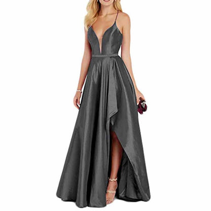 Women's Sexy Satin Deep V Neck Backless Hi Lo Prom Party Evening Dress