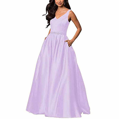 Women's Satin Bridesmaid Dress With Pocket Long Formal Evening Party Maxi Dress