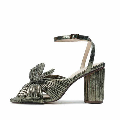 Women Pleated Knot Heeled Sandal with Ankle Strap Summer Bridesmaid Dress Shoes