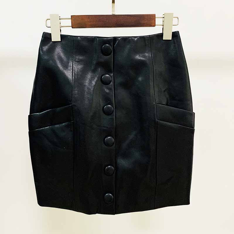 Hight Waisted Formal Leather Skirt Gold-tone Mini Wrap Hip Skirt