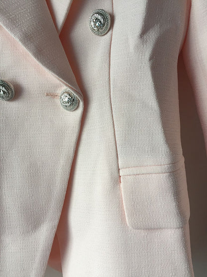 Women's Fitted Gold Lion Buttons Fitted Jacket Formal Pink Blazer