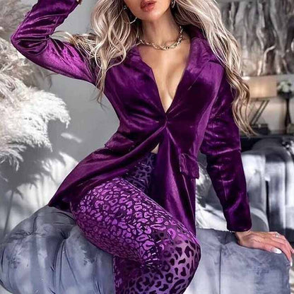 Women Velvet Dark Purple Blazer Pantsuit + Flare Trousers Suit