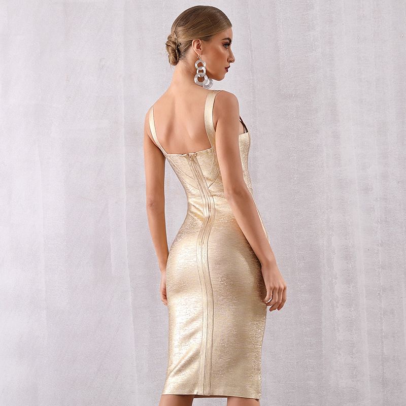 sd-hk Gold Cocktail Dress Vneck Sleeveless Short Bandage Dress